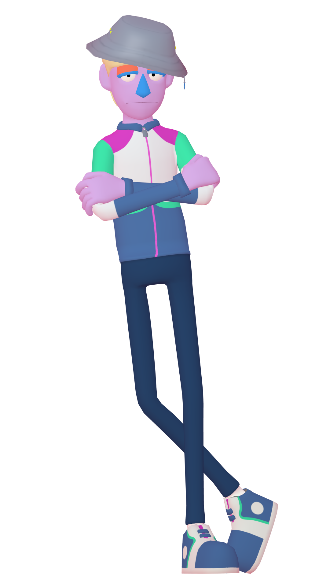 3D render of a puppet character crossing his arms and legs.