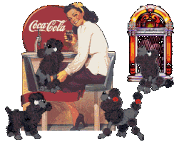 Smiling sockhop girl by a jukebox, surrounded by poodle Dogz